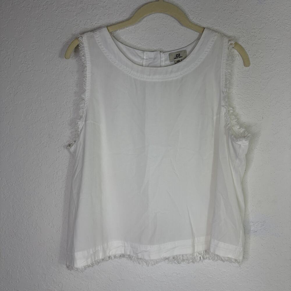 Thread & Supply White Sleeveless Top Size L, frayed hem button in back, summer